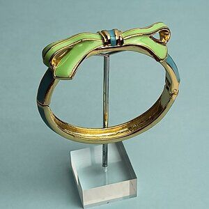 RIBBON BOW Enamel Shape Hinged Bangle Bracelet Two Tone Green Blue Gold Tone